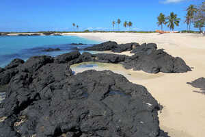 溶岩の黒と砂の白のコントラストが特徴的なビーチ